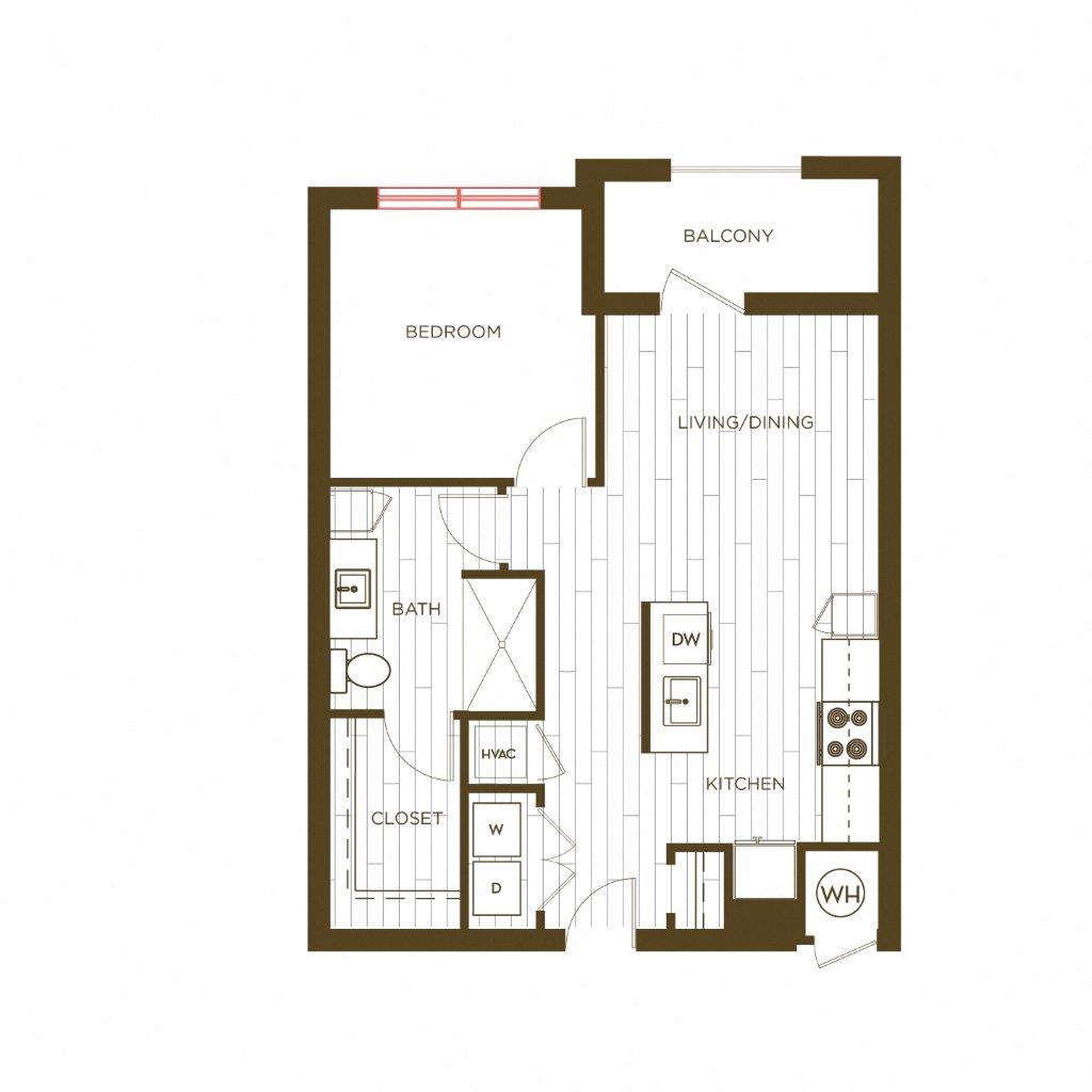 Floor plan for 1 bed, 1 bath, 700 sqft